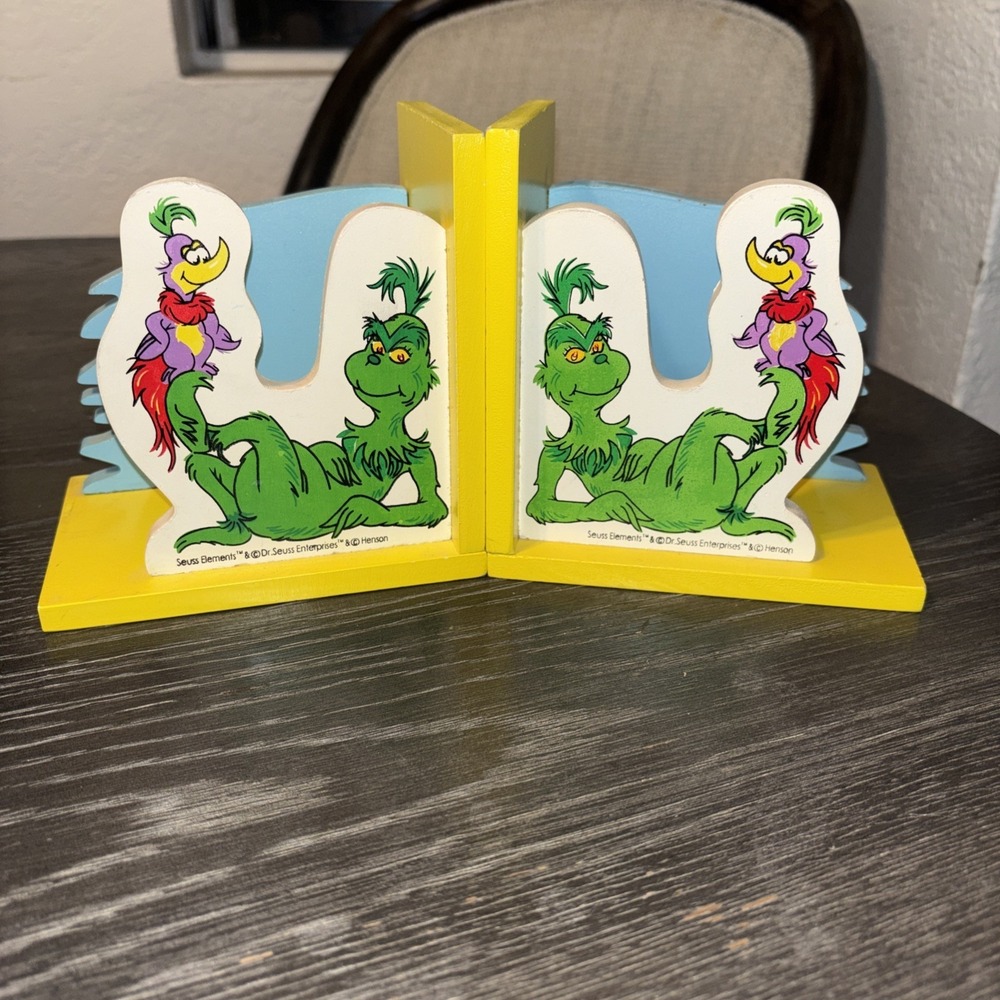 Vintage Grinch Dr. Seuss Jim Henson Wooden Painted Bookends Well Loved